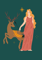 Eclectic antique modern poster with Greece elements from myths and legends. Elegant goddess Diana with arrow and deer