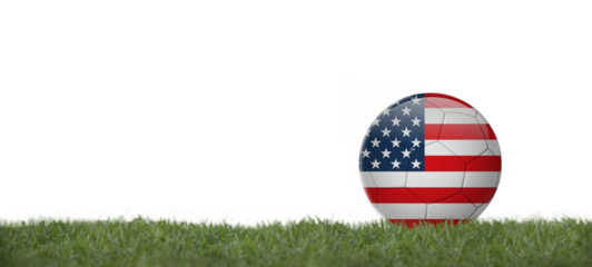 Soccer ball with EE.UU flag on grass, copy space with white background.