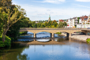 Old stone bridge and embankment of the river Lenne in Letmathe, Iserlohn, Germanz