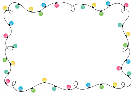 Christmas lights border. Garland frame isolated on white background with copy space. Vector illustration.