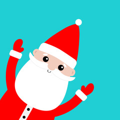 Cute Santa Claus holding hands up. Peeking from corner. Merry Christmas. Red hat, costume, round beard. Cartoon kawaii funny character. New Year. Baby collection. Greeting card. Blue background.