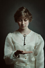 Surreal portrait of a woman with an old key