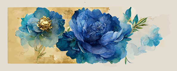 blue watercolor wash splash line art peony flower, background, banner