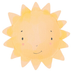Watercolor boho sun cartoon stylized face isolated elements
