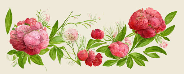 border for wallpaper watercolor pink and red flowers, background, banners