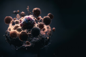 Nanoparticles destroying cancer cells, nanoparticles cancer therapy, cancer cell surrounded by nanoparticles killing the tumor 3d rendering - obrazy, fototapety, plakaty