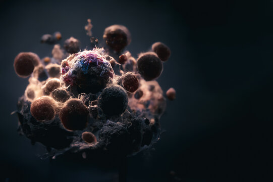 Nanoparticles destroying cancer cells, nanoparticles cancer therapy, cancer cell surrounded by nanoparticles killing the tumor 3d rendering