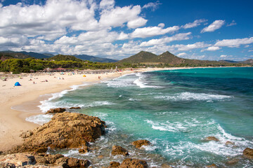 emerald water and white sand in the beach of Cala Sinzias, south-east Sardinia