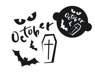 Halloween stencil with coffin, bat and black eyes. Silhouette illustration for Halloween. Decorate confectionery and things for Halloween