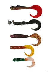 Five soft lures for catching fish.Isolated on white.