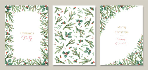 Watercolor vector Christmas holiday card set with fir branches.