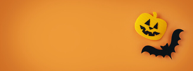 Kids halloween handmade paper pumpkins and bat, creative, craft concept