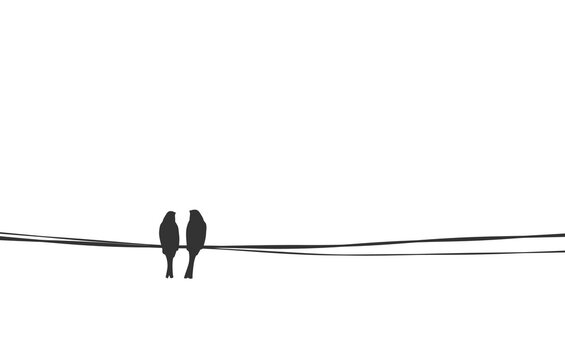Birds couple sitting on wire. Love and affection silhouette vector illustration, simple stock image. Sparrow family on cable mother father parents 