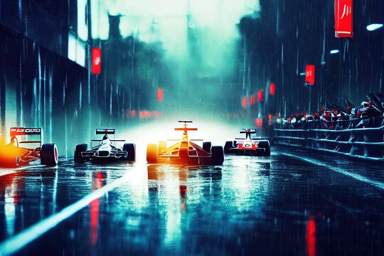 Digital illustration featuring formula 1 cars in a competition. Digital drawing of a formula F1 race with heavy rain and reflective racing track. Wallpaper background artwork.