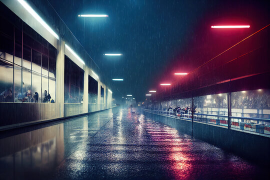 Digital Illustration Featuring A Formula-1 Race Track At Night In The Rain. Illuminated By Neon Lights Of Red And Blue. Racing Track At Night Time In A Modern Digital Wallpaper Illustration.