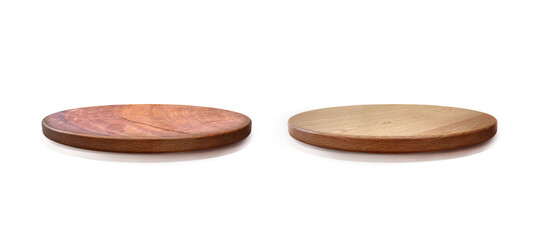 Empty wooden plate isolated on white background, of free space for your copy and branding. Use as products display montage. Vintage style concept. Clipping path.