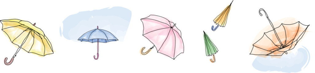 Set of different Umbrellas in various positions. Open and folded umbrellas. Hand drawn Vector illustration. Cartoon style. Design templates. All elements are isolated