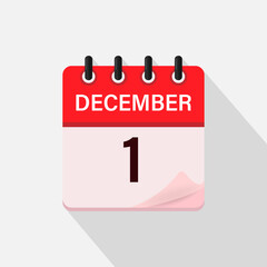 December 1, Calendar icon with shadow. Day, month. Flat vector illustration.