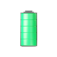 Battery 3d icon - full level capacity, energy storage. Power charge indicator, lithium element render illustration