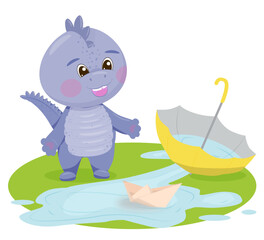 A funny little dinosaur launches a paper boat through the puddles