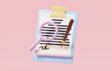 Contract document, fountain pen, and magnifying glass, reading contract carefully before signing, fair business agreement concept, 3d render illustration.