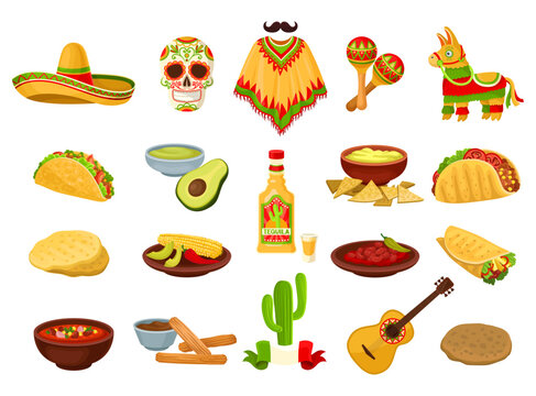 Mexico Symbols with Sombrero Hat, Traditional Food, Tequila, Maraca, Tortilla, Poncho and Pinata Big Vector Set