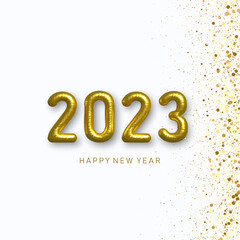 2023 New Year gold foil numbers. Postcard Merry Christmas and Happy New Year 2023.