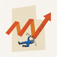 Contemporary art collage. Hardworking man, technician worker fixing problems in business analytics, changing strategy