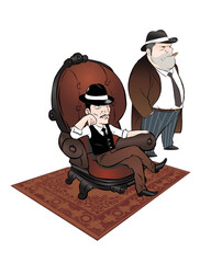 Mafia sitting on brown vintage sofa. wear hat. vector illustration isolated cartoon hand drawn background