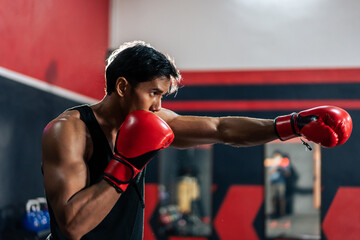 Portrait of Asian handsome sportsman wear boxing gloves in fitness gym.