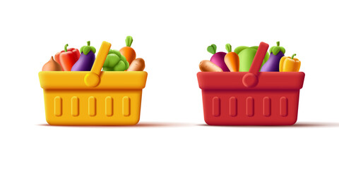 3d red and yellow grocery store basket full of vegetables
