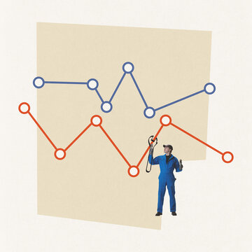 Contemporary Art Collage. Technician Worker, Man Fixing Graph, Analytics. IT Department Avoiding Mistakes In Business Process