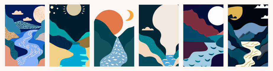 Illustration in Scandinavian style. beautiful background. Flat abstract design. Mountain view, river view. Mountains, clouds, sun, moon. Paper cut style. A set of stylish vector graphics.