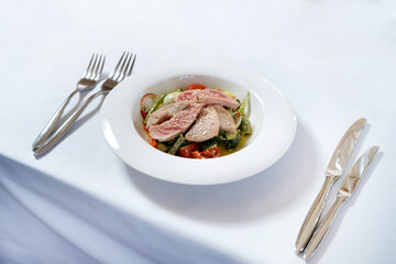 Mediterranean salad with steak. Balanced diet healthy food