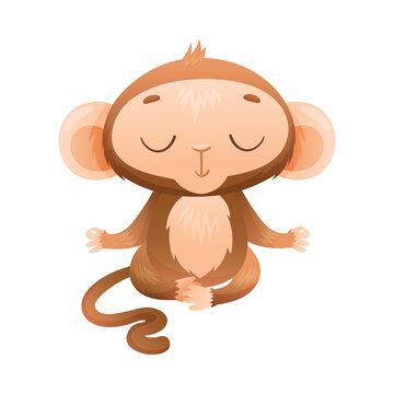 Funny Brown Monkey with Prehensile Tail Meditating in Yoga Lotus Pose Vector Illustration