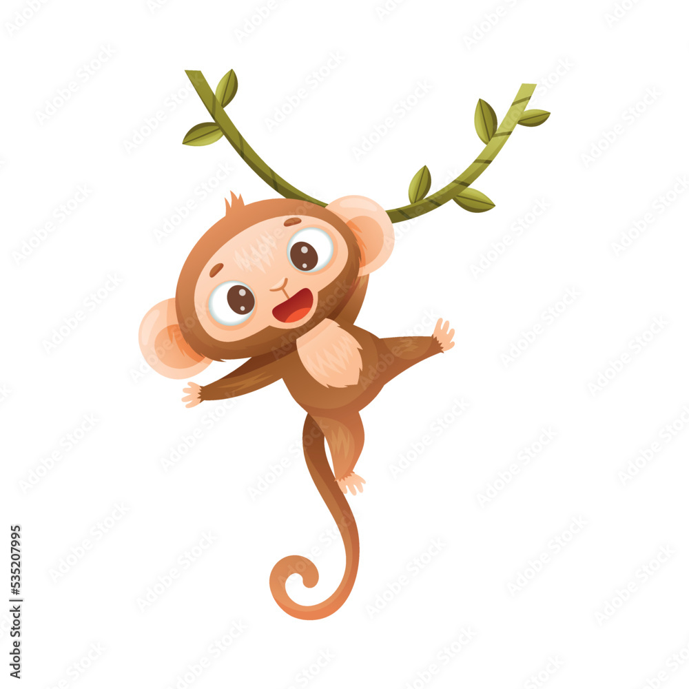 Poster funny brown monkey with prehensile tail hanging on liana vector illustration