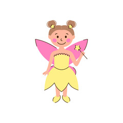 Cute fairy with a magic wand isolated on white background. Children, girl vector illustration