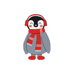 Cute little penguins in winter clothes isolated on white background. Christmas and New Year animal