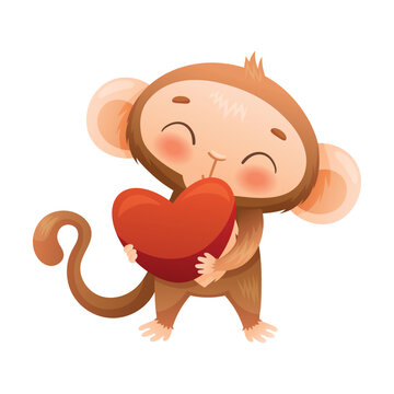 Funny Brown Monkey with Prehensile Tail Holding Red Heart Vector Illustration