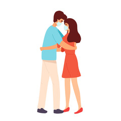 Love tenderness and romantic feelings concept. Young loving smiling couple boy and girl standing hugging embracing each other feeling in medical mask love vector illustration.