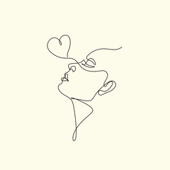 One line drawing abstract heart face of woman. Minimalist romantic logo