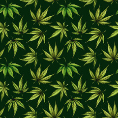 Naklejka na ściany i meble Pattern of green cannabis leaves on a green background