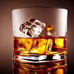 Fresh whiskey on clear glass and bottle also diced ice alcohol drawing. picture & image beverage illustration for background