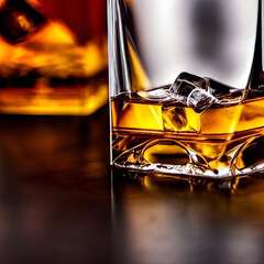 Fresh whiskey on clear glass and bottle also diced ice alcohol drawing. picture & image beverage illustration for background