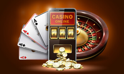 Online mobile casino banner. Smartphone with casino slot machine and golden realistic coins , playing cards, roulette . Winning combination numbers of lucky three sevens jackpot. Gambling games banner