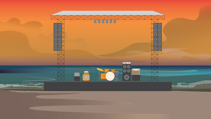 Dj mixing and music festival concert outdoor at beach party festival. Vector illustration on sunset on summerr music festival banner