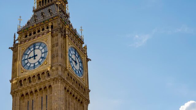 Close-up time lapse view of the Big Ben Elizabeth Tower in London, England, with blue sky and light clouds
