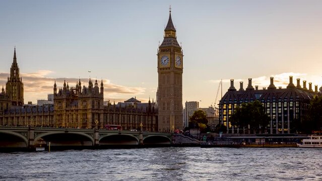 Time lapse view of the Elizabeth tower or so called Big Ben clocktower at Westminster palace during sunset time, London, England