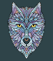 Blue line-art wolf head. Adult coloring page with decorative wolf mascot.
