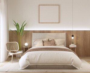 home interior bedroom with rattan armchair,night table,pendant lamp,indoor plant,carpet,wall decorate,headbed,bed,table lamp,empty frame,pillow and curtain 3d rendering.